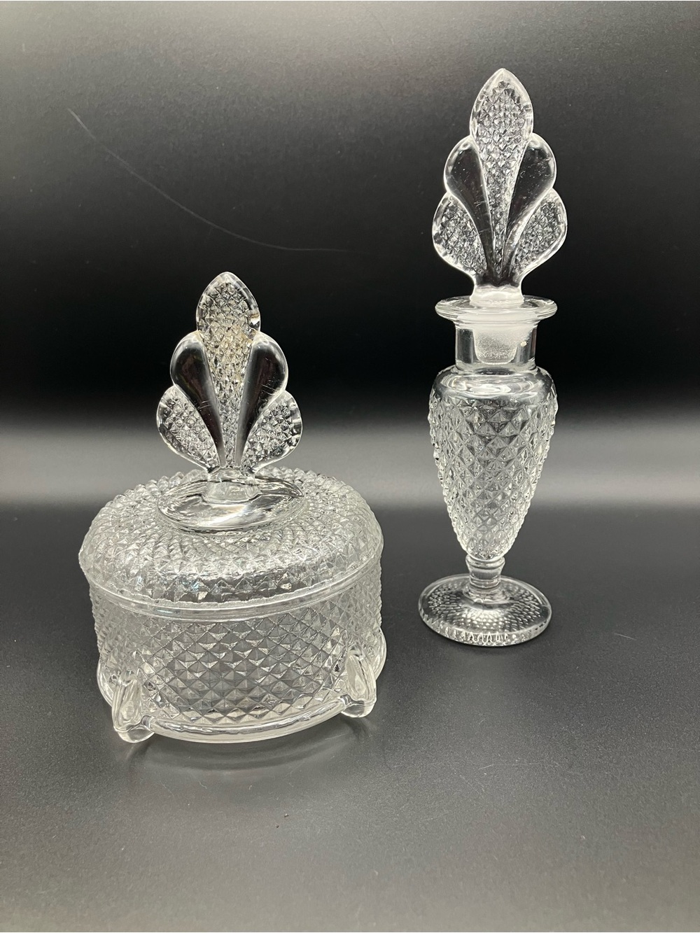 Art Deco Clear Pressed Glass Vanity Set - Decorative Powder Jar & Perfume Bottle